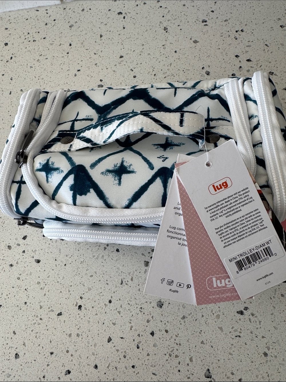 lug Mini Trolley Diamond Cosmetic Bag White & Teal Polyester Geometric Print NWT